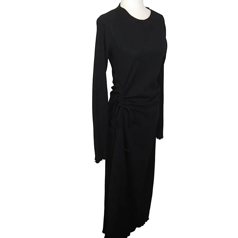 Halara Black Ribbed Long Sleeve Side Ruched Lettuce Hem Maxi Dress Size Medium